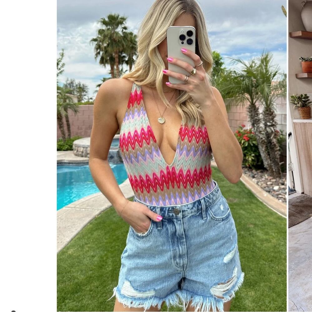 show me your mumu biarritz red zigzag crochet bikini one piece bodysuit medium